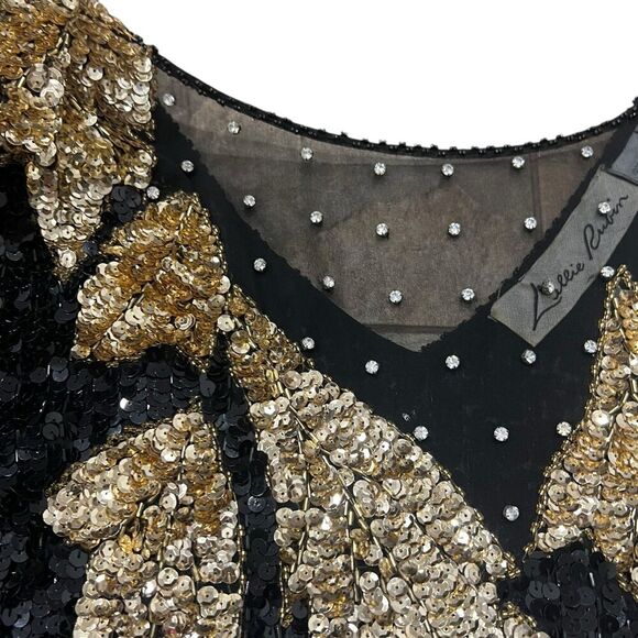 Lillie Rubin Vintage Black Gold Sequin Beaded Silk Blouse M - Picture 3 of 4